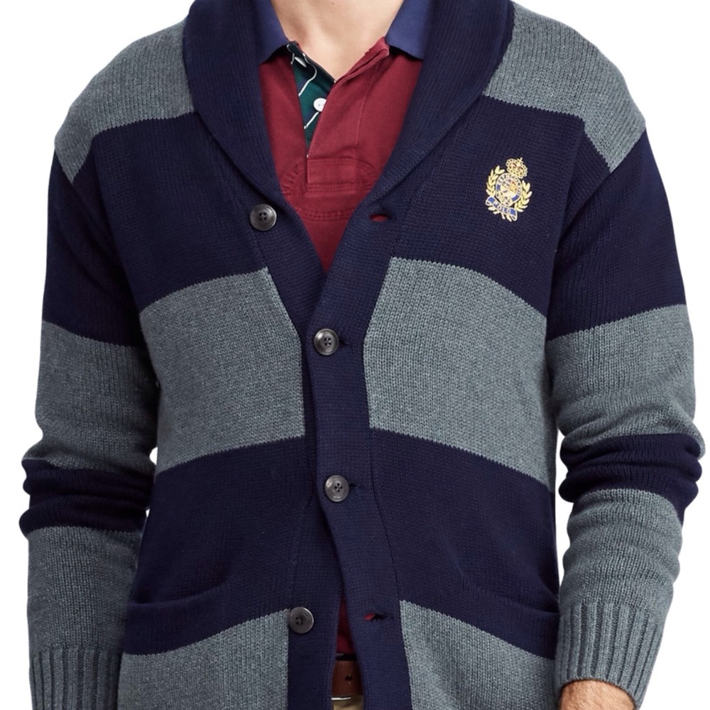 Polo Ralph Lauren Crown Crest Navy and Gray Striped Cardigan - Picture 2 of 8